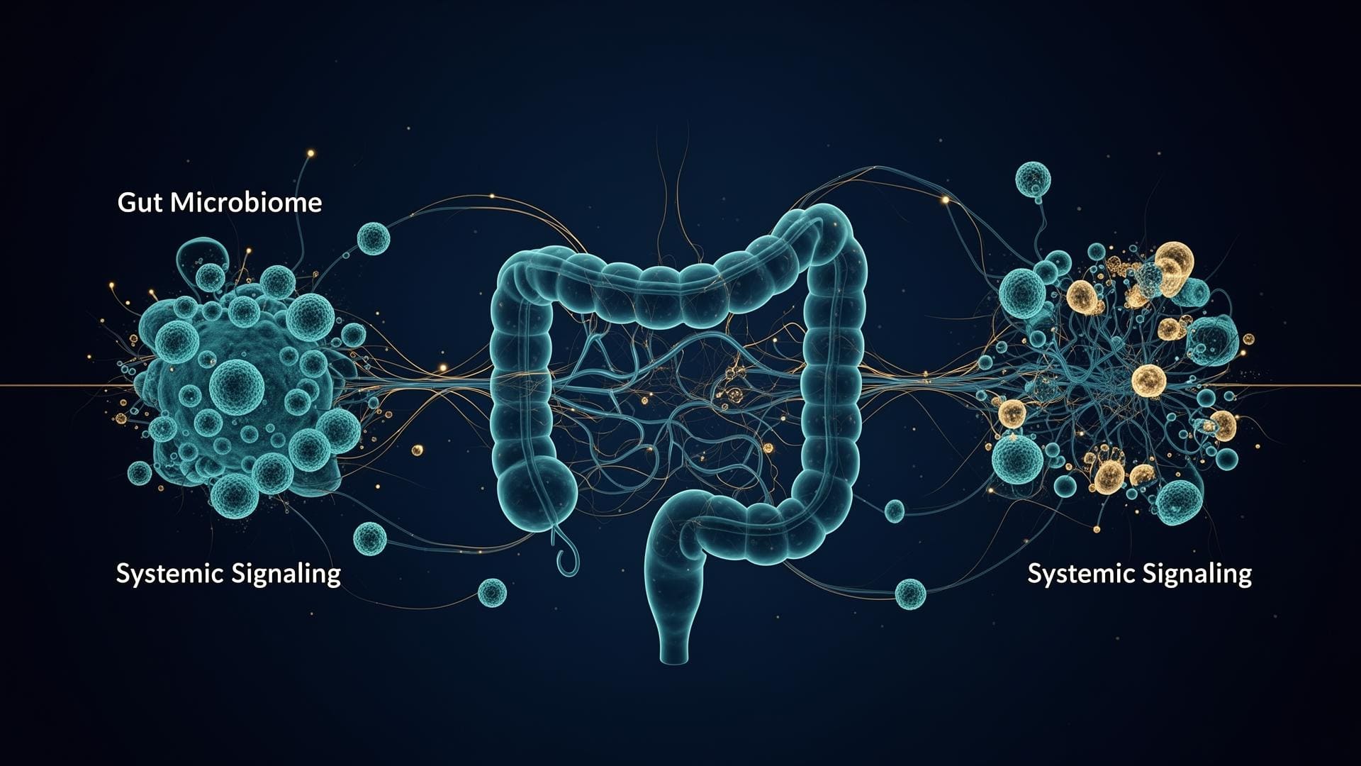 Abstract visualization of gut microbiome and systemic signalling pathways representing gastrointestinal regulation in anti-ageing medicine