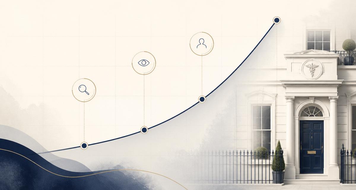 Editorial illustration of a compounding aesthetic clinic search visibility model