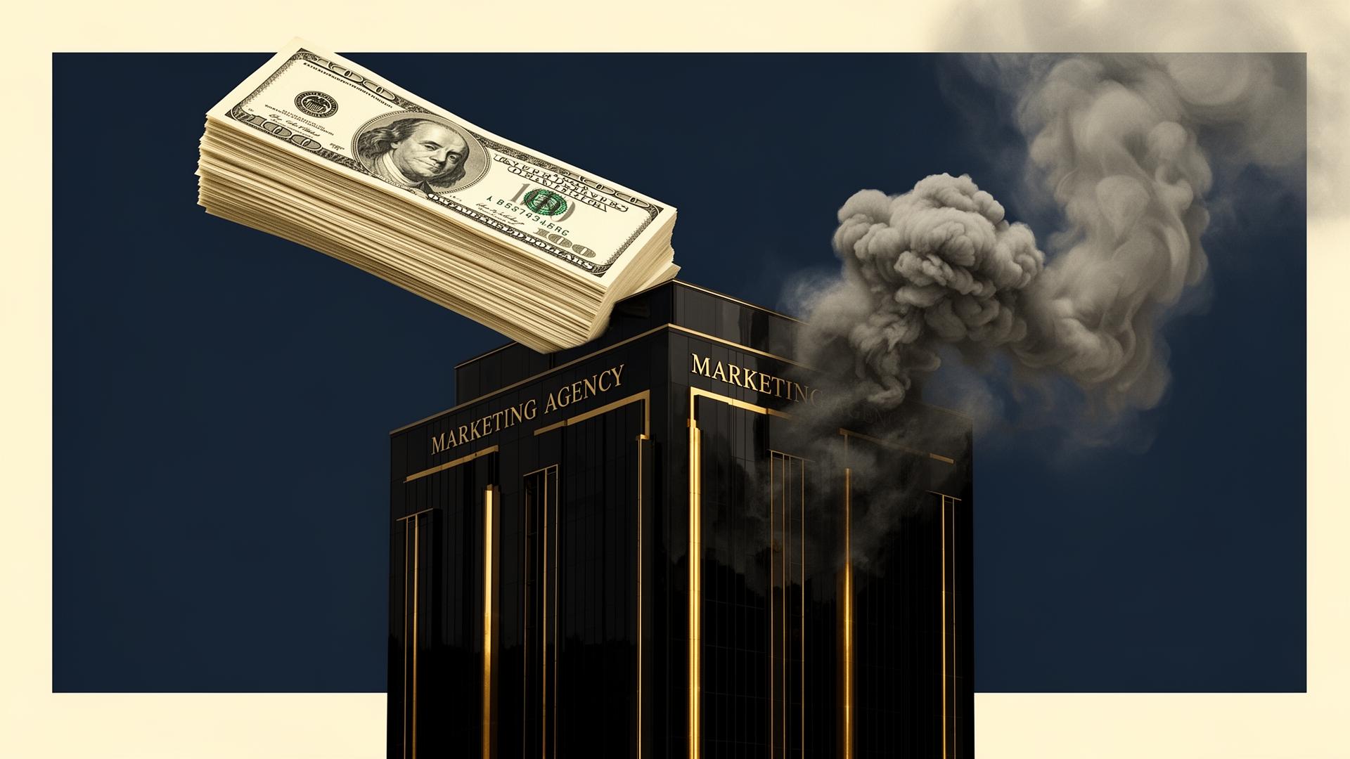 Editorial illustration of marketing budget disappearing into an agency building