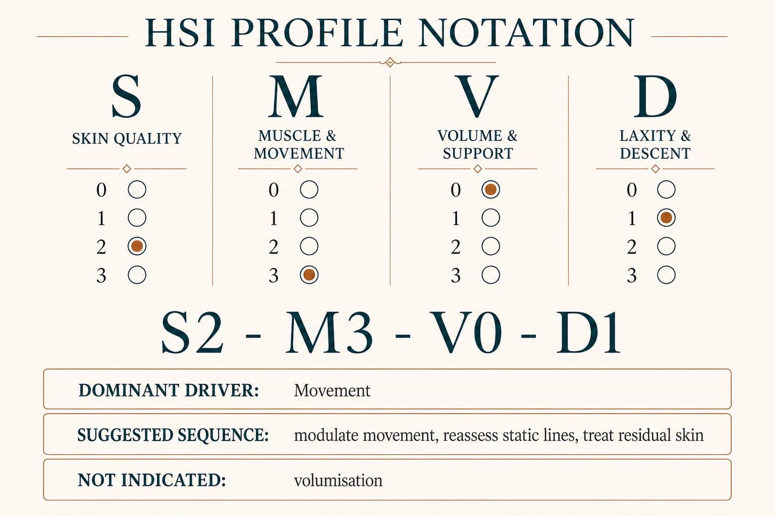 Diagram of HSI profile notation showing four 0 to 3 score columns for skin, muscle, volume and descent, an example profile S2-M3-V0-D1, and rows for dominant driver, suggested sequence and what is not indicated