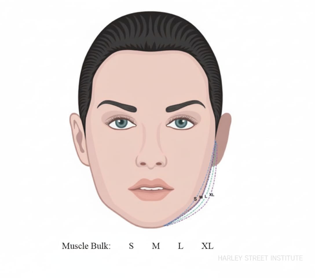 Masseter muscle bulk grading system showing S, M, L, XL classifications for clinical assessment of masseter hypertrophy severity