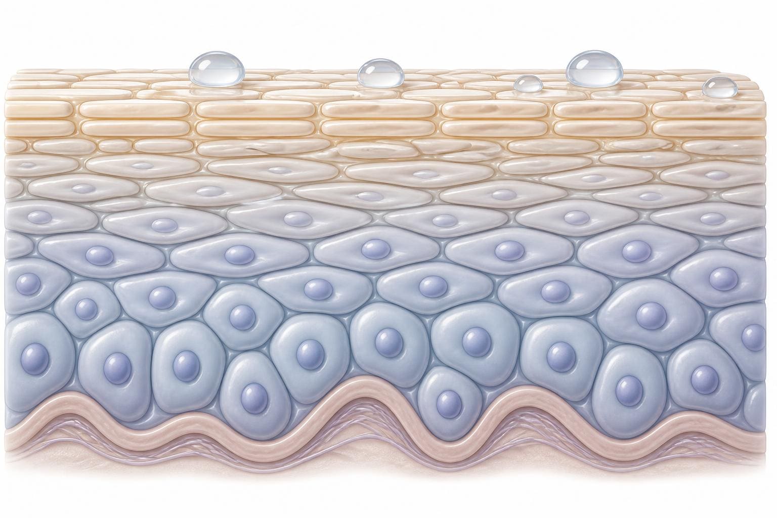 Illustration of keratinocyte maturation showing rounded basal cells flattening as they migrate upward into a brick-like stratum corneum, with water droplets held at the surface