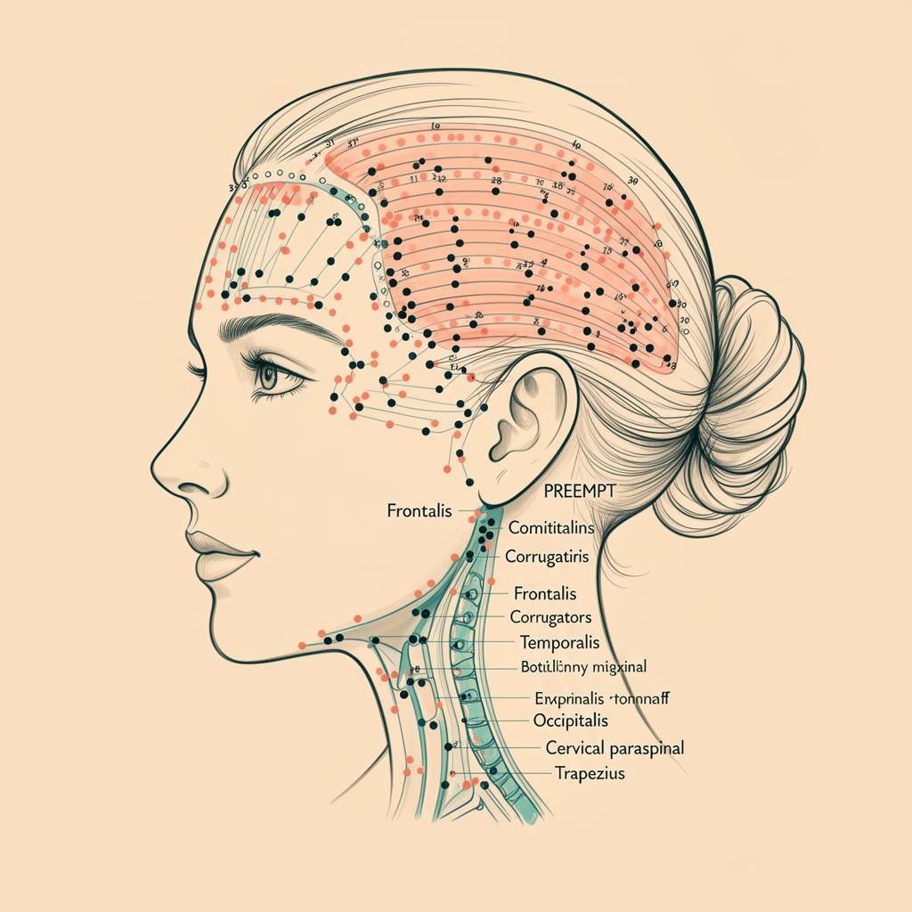 Side-profile illustration showing PREEMPT protocol injection sites across forehead, temples, occipital region and trapezius for chronic migraine prevention