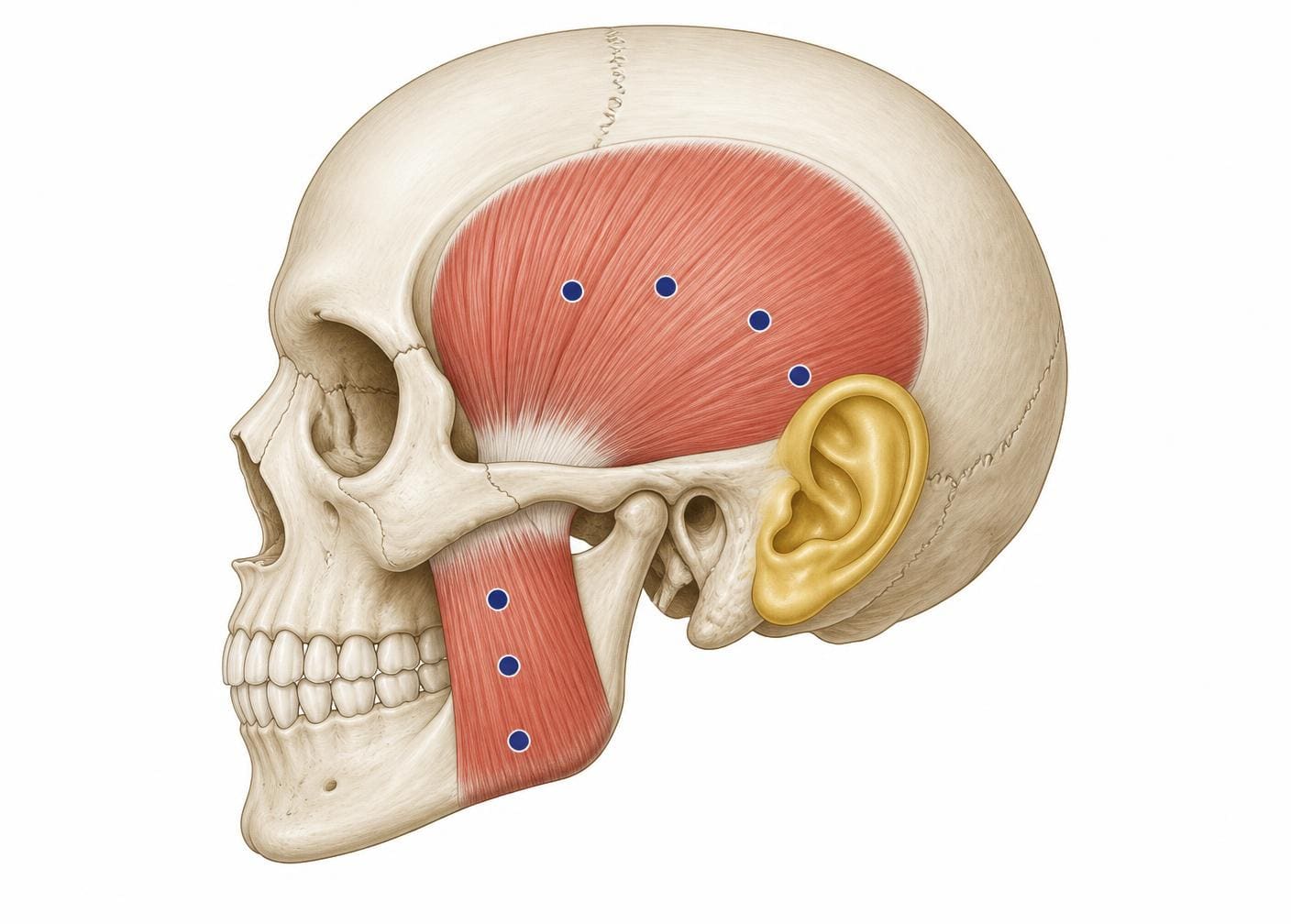 Lateral skull illustration showing the temporalis and masseter muscles with schematic botulinum toxin injection points marked adjacent to the external ear
