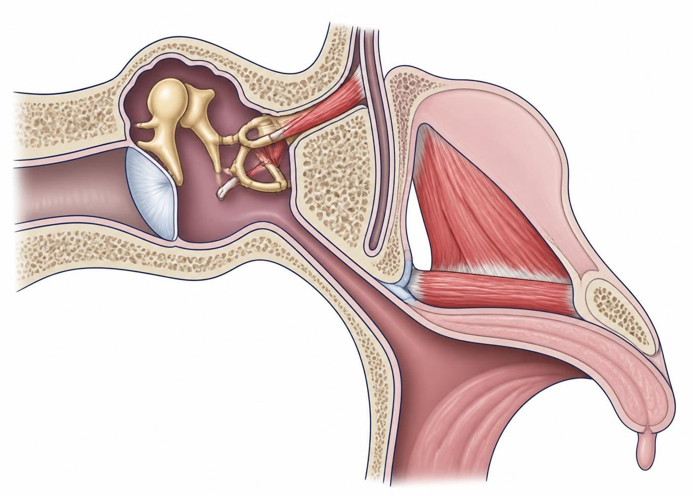 Cross-sectional illustration of the middle ear showing tensor tympani and stapedius muscles alongside the eustachian tube, levator veli palatini and tensor veli palatini